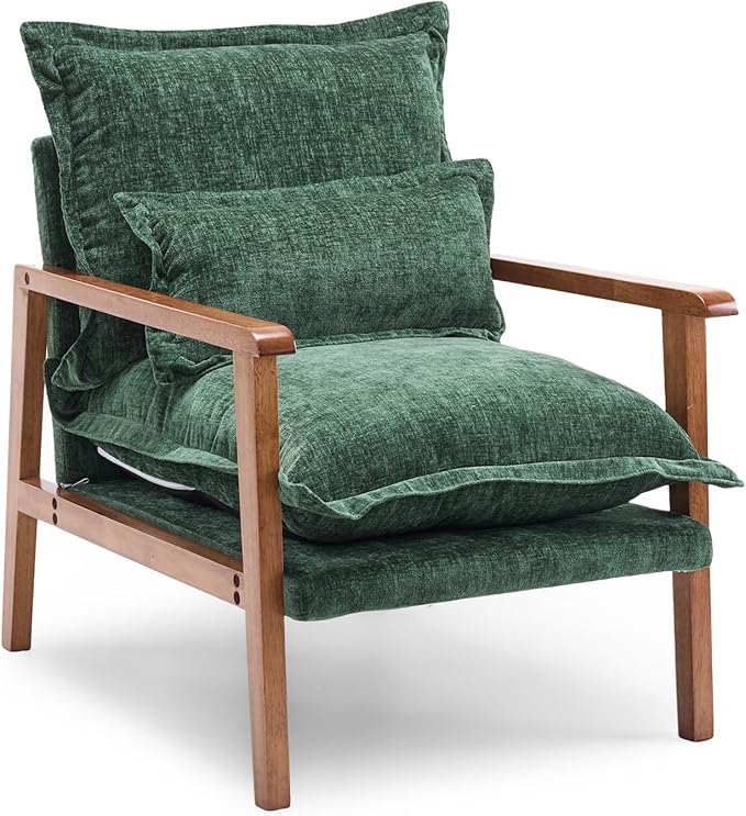 VINGLI Mid-Century Modern Cloud Accent Armchair with Lumbar Pillow, 6.3'' Thick Seat Cushion Comfy Reading Chair with Wooden Armrests，Boho Lounge Chair for Bedroom, Living Room, Chenille, Dark Green