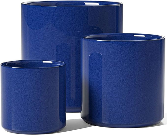 LE TAUCI Ceramic Pots for Plants, 10/8/6 Inch Indoor Planters with Draiange Hole, Silicone Plug & Mesh Pad, Modern Minimalist Pots for Home Office, Set of 3, Glossy, Midnight Blue
