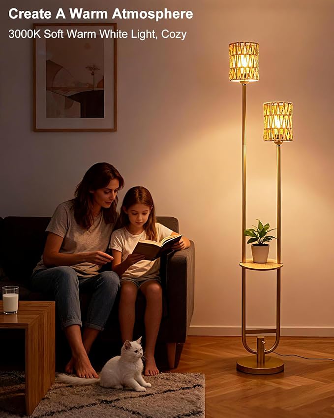Lightdot 63IN Gold Floor Lamp with 2 Rattan Shades Mid Century Standing Lamps with Warm White LED Bulbs, Unique Vintage Tall Floor Lamp for Living Room/Wedding/Party