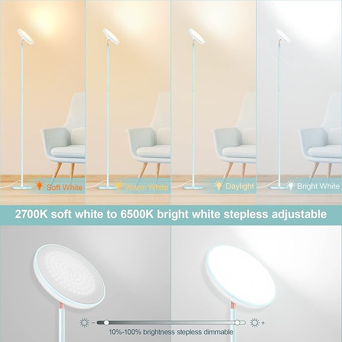 WOWLUMEN Bright Floor Lamp for Living Room, 42W LED Room Lights with Remote, 3700LM RGBW Modern Tall Standing Light, Color & Brightness Dimmable, UFO Ring Lamp,1/2/3H Timer for Bedroom,Office(Blue