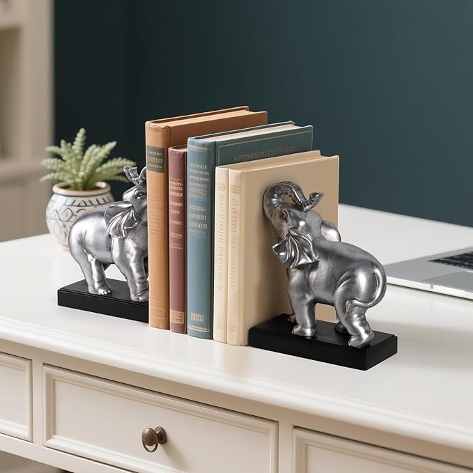 Elephant Book Ends Decorative, Bookends for Shelves, Book Ends for Heavy Books with Anti-Slip Pad for Book Lovers Heavy Book Holder for Home Office Decor (Silver)