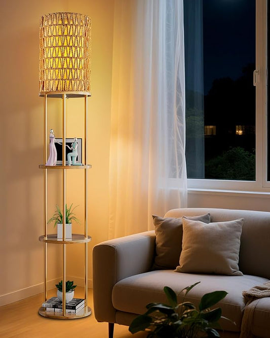 ACOHOOK 61" Rattan Floor Lamp with Shelves, 3-Tier Storage Shelves with 3000K E26 Bulb Included, 35lb Capacity Solid Wood Design, Corner Bookshelf Floor Lamps for Living Room, Bedroom Home Decor-Gold