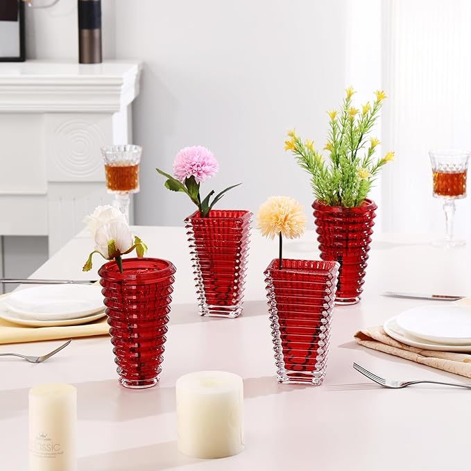 MCMCNCUIU Crystal Flower Vase Set of 4, Glass Vases for Centerpieces, Red Vases for Flowers, Small Vase for Living Room, Bedroom, Kitchen, Office, Wedding