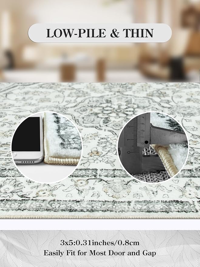 Lahome Oriental 3x5 Rug,Washable Entry Rugs for Inside House Non-Slip,Boho Grey Rugs for Living Room,Traditional Vintage Bathroom Carpet Thin Throw Rug for Bedroom Entryway Kitchen,(3x5ft,Light Gray)