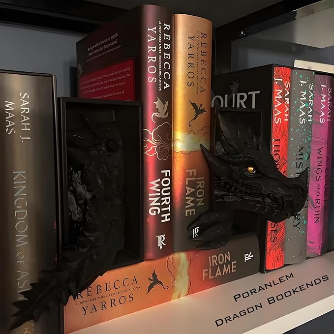 Dragon Bookshelf Decor Gothic Fantasy Bookends Black Animal Statues for Shelves Book Lovers Gifts Unique Resin Shelf Holder Set (10"*6.1"*4.9") Home Office Decorative