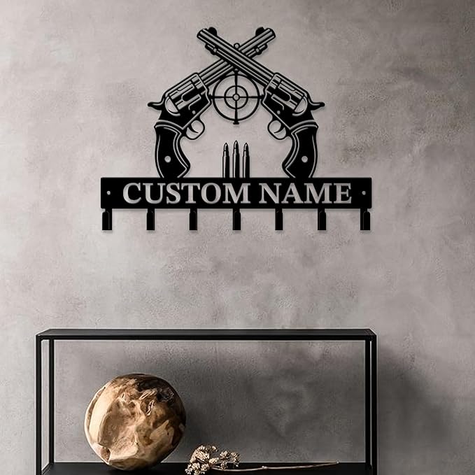 Personalized Custom Name Gun Wall Hooks,Metal Gun Room Art Clothes Hooks,Metal Gun Wall Home Storage Decorative,For Front Door, Hallway, Kitchen, Bedroom,Keys,Hats (Style I)