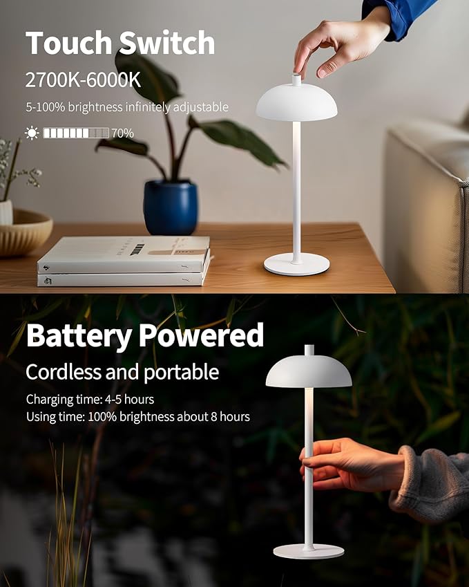 Cordless LED 12" Small Table Lamps Set of 2, Modern Portable Desk Lamp, 3 Color Dimming Rechargeable Battery Lights, for Bedroom, Outdoor, Restaurant, Bedside, Baby Night Light, Gifts (White)