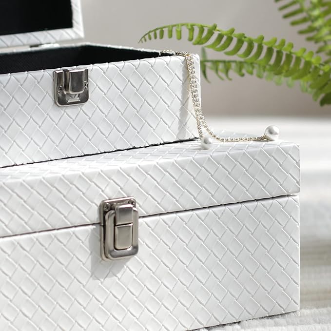 Faux Leather Decorative Jewelry Storage Organizer Boxes Set of 2, White