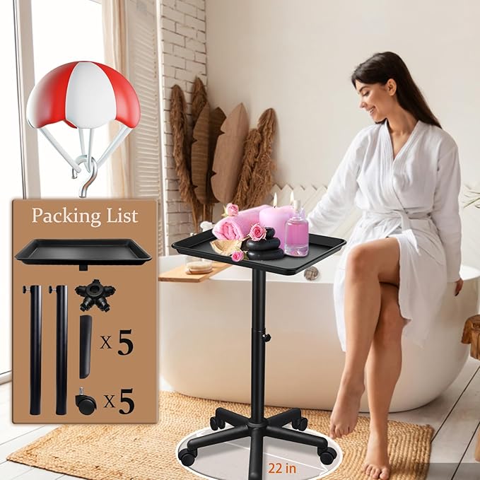 Black Salon Tray Height Adjustable Hair Color Tray with Wheels for Spa or Home Use