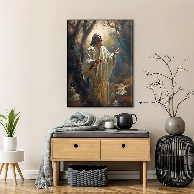 Aglcatie Jesus Canvas Wall Art Christian Wall Decor Pictures Painting Jesus Praying in the Garden of Gethsemane Printed Poster for Living Room Bedroom Church Decoration Framed 12x16 in