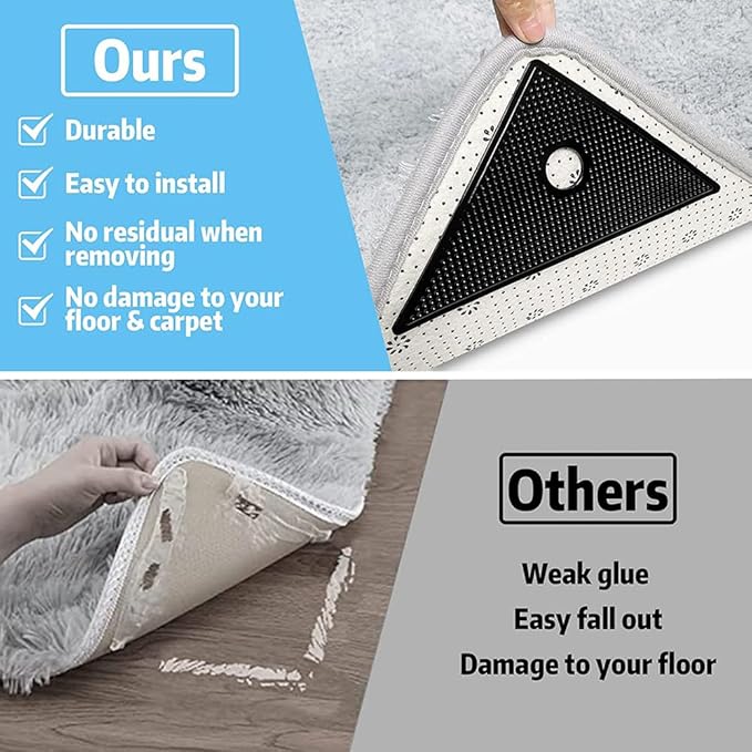 ZC GEL 8 Pcs Rug Tape, Reusable Washable Grippers for Rugs, Double Sided Non-Slip Rug Pads for Hardwood Floors, Rug Stoppers to Prevent Sliding (Black)