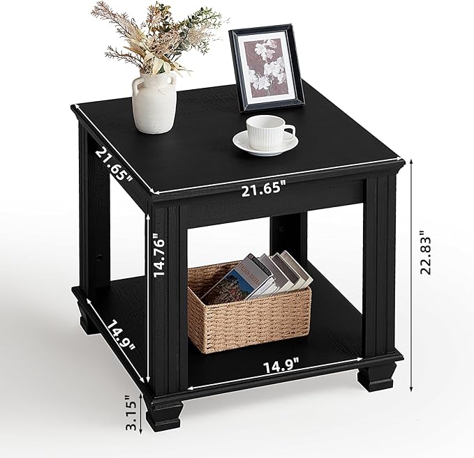 Farmhouse End Table,Large Side Table with 2-Tier Storage Shelf,Rustic Wood End Tables for Living Room,Square Tea Table,Black