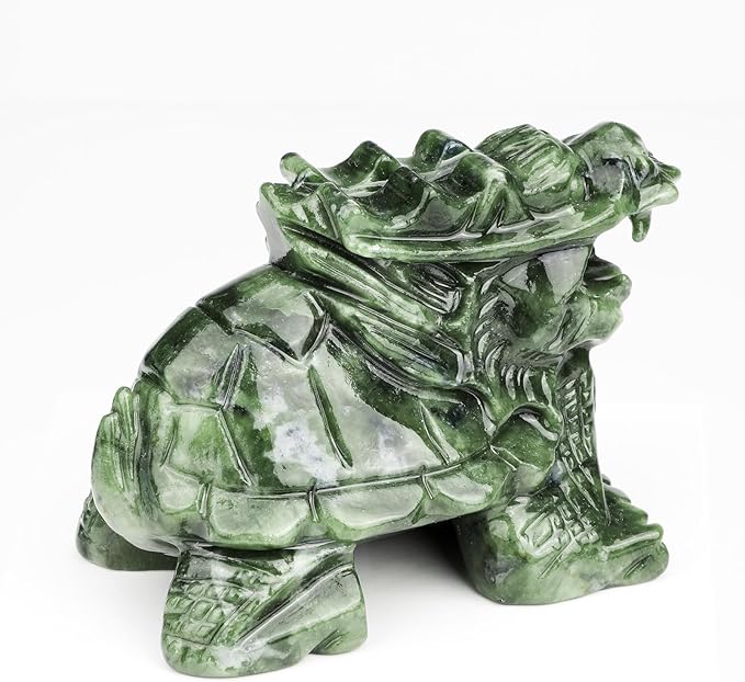 Dragon Turtle Jade Statue - Natural 4inch Gemstone Sculpture for Home Decor, Feng Shui Carved Figurine Outdoor Garden Decorative