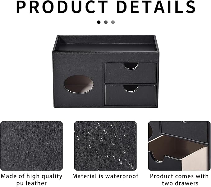 Square Tissue Box Cover with Drawers,Tissue Box Holder with Storage Tray, Makeup Organizer and Desk Organizer,Tissue Holders Decorative for Bathroom Vanity NightStand Dressing Table (Black)