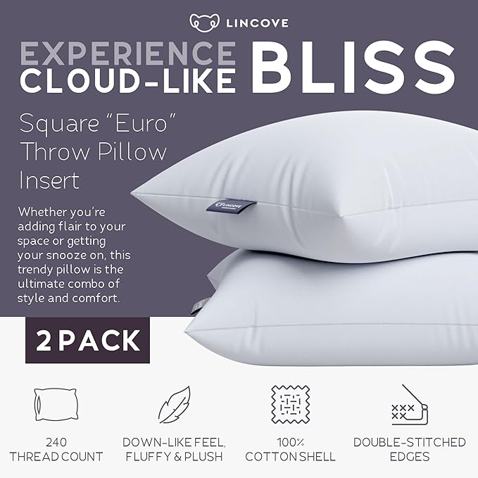Lincove Euro Throw Pillow Insert Square 26"x26" Pillow – Made in Canada, 100% Cotton Shell, Down Alternative Filling, Vegan-Friendly, Hypoallergenic - Decorative Couch Pillows, 2 Pack