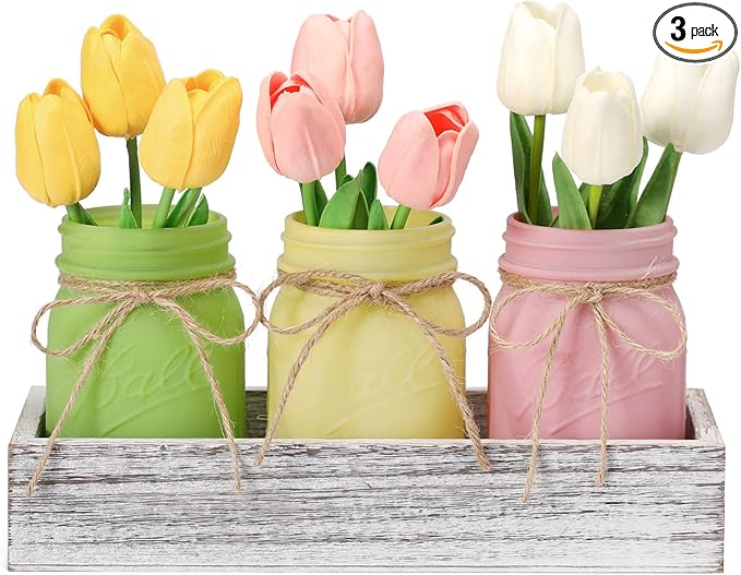 Spring Decorations, Spring Mason Jar Centerpiece for Table with Wood Tray & Artificial Tulips, Tulip Decorative Jars for Farmhouse Home decor, Easter Table Decor, Easter Decorations for Home Office
