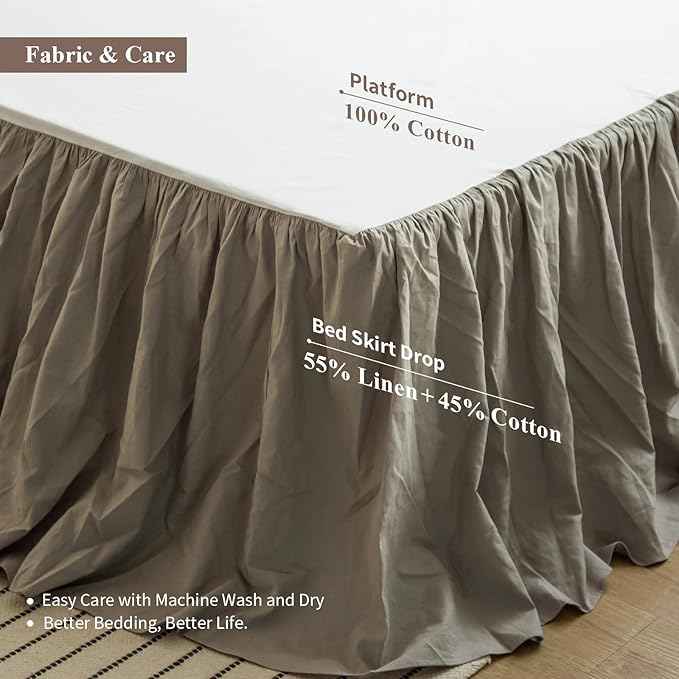 BISELINA French Linen Bed Skirt with Pleated Frills 22-Inch Tailored Drop Natural Flax Cotton Blend Dust Ruffle Soft Cozy Farmhouse Bedding (22" King, Grey)