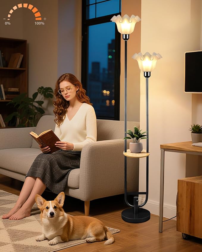 ACOHOOK Dimmable Flower Floor Lamps with Table, 2-Lights Floral Floor Lamp, 3000K Warmwhite Candle Holder Style Modern Floor Lamp, Rustic Black Standing Lamp for Living Room Bedroom