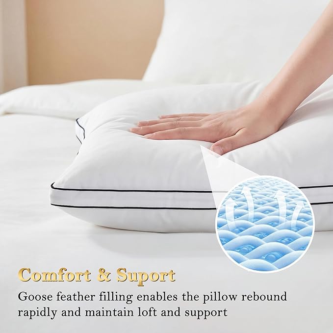 Homotive Feather Pillows Queen Size Set of 2 Goose Down Pillows with 100% Breathable Cotton Cover, Hotel Collection Bed Pillows for Sleeping, Soft Support for Back, Stomach and Side Sleepers