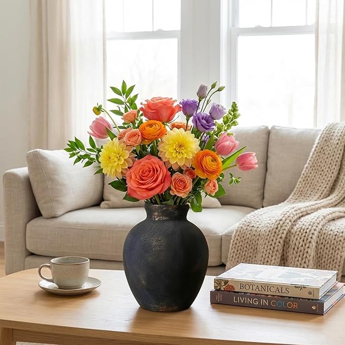 Ceramic Vase, 6 inch Minimalist Rustic Farmhouse Terracotta Vase for Home Decor, Table, Living Room, Entryway, Shelf, Mantel Decoration (Black)