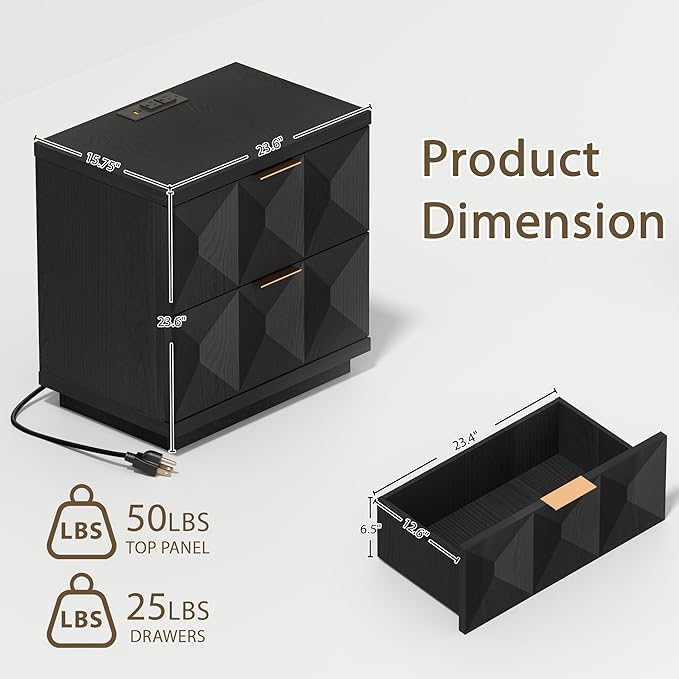 Yechen 23.6" Black Nightstand with 20W Faster Charging Station, Modern Bedside Table with 3D Geometric Drawers Front Panel, Wood 2 Drawer Night Stand with Storage, Accent End Table for Bedroom