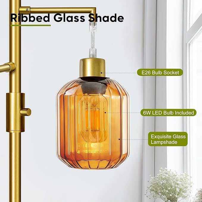 LVYE Gold Floor Lamp for Living Room, Modern Mid Century Standing Lamp with Amber Glass Shade, Dimmable Tall Tree Lamp with 3×6W LED Bulbs, Tall Lamp for Bedroom Office