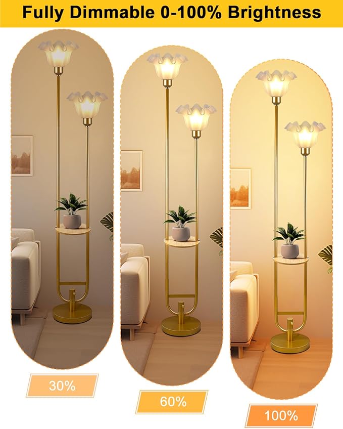 ACOHOOK Dimmable Flower Floor Lamps with Table, 2-Lights Dimmable Floral Floor Lamp, 3000K Warmwhite Candle Holder Style Modern Floor Lamp, Rustic Gold Standing Lamp for Living Room Bedroom