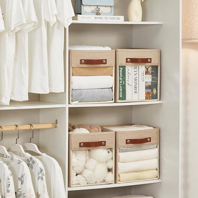 Storage Cube Organizer with Clear Window, Linen Collapsible Storage Boxes with PU Handles, Cube Storage Bins for Shelf, Closet, Cabinet, Bookcase (10.5x10.5x11, Khaki)