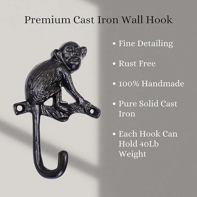 Set of 3 Cast Iron Monkey Shape Coat Hooks Wall Art Decor-Monkey Shape Hangers and Key Holder-Clothes Rack and Backpack Hanger-Coat Hooks Home Decor for Storage, Living Room, Hallway, Office