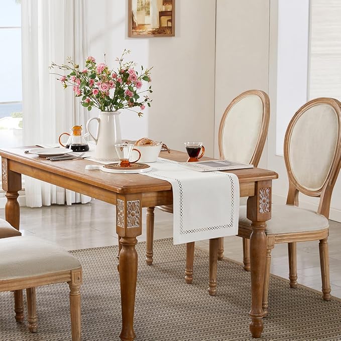 Burlap Style Farmhouse Table Runner, 13 x 36 Inch Off White, Rustic Geometric Hollow Table Runners 36 Inches Long for Dresser Table Everyday Use, 13x36 Inches, Off White