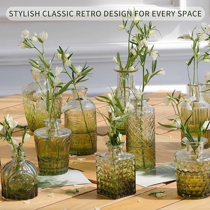 KUAGUINZUHE 12 Pcs Glass Bud Vase Set, Small Green Vintage Flower Vases for Wedding Centerpieces in Bulk, Mini Embossed Vases for Home Table Decor, Party, Baby Shower Decorations
