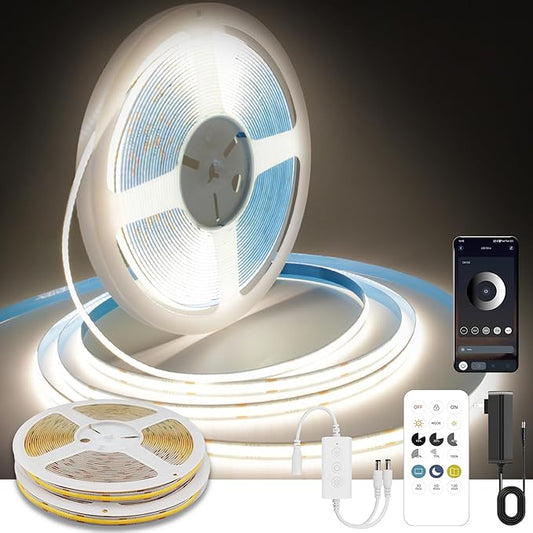 COB LED Strip Lights Natural White,24V Dimmable led Light Strip KIT with Remote and app Control,4000K 50FT/15m 8mm Wide Ra>90 Cuttable Flexible Strip Lights for Bedroom,Wardrobe,Cabinet