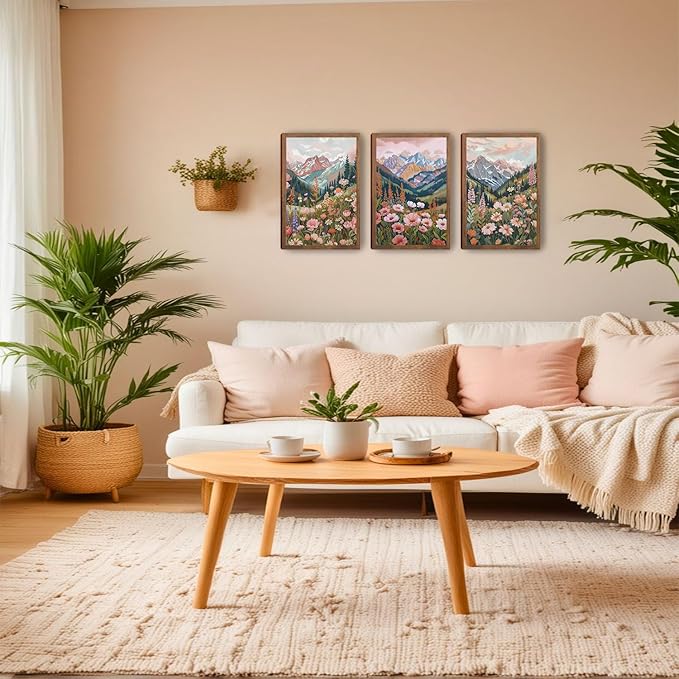 Boho Colorful Mountain Landscape Wall Art Set of 3, Flower Daisy Nature Canvas Prints Wall Decor, Vintage Floral Forest Botanical Painting Posters for Living Room Bedroom Home Decor 24x16in Framed