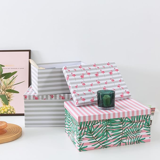 Soul & Lane Decorative Cardboard Storage Boxes with Lids for Home Decor and Organization, Set of 3 Large Keepsake Boxes for Memories & Gifts, Nesting Floral Photo Storage Containers, Tropical