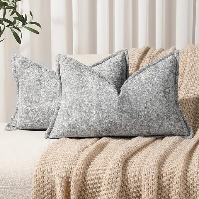 DEZENE Pack of 2 Light Gray Decorative Throw Pillow Covers 12x20 Cozy Soft Chenille Accent Vintage Rectangular Lumbar Couch Pillow Covers for Home Decor Bed Sofa Living Room
