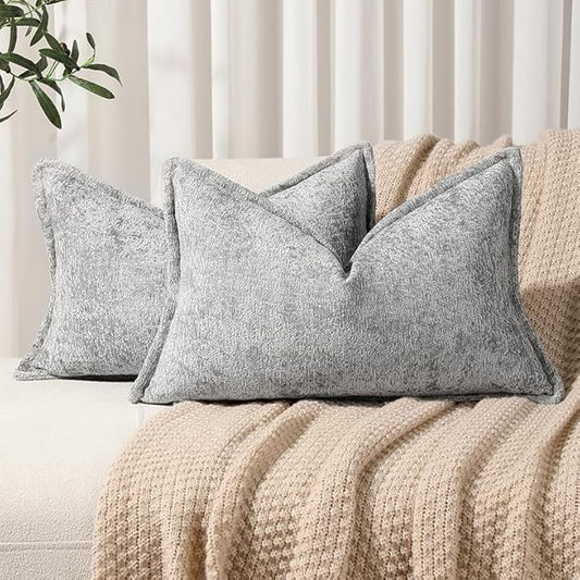 DEZENE Pack of 2 Light Gray Decorative Throw Pillow Covers 12x20 Cozy Soft Chenille Accent Vintage Rectangular Lumbar Couch Pillow Covers for Home Decor Bed Sofa Living Room