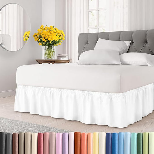 Wrap Around Dust Ruffle Bed Skirt - White - for Full Size Beds with 12 Inch Drop - Easy Fit Elastic Strap - Adjustable Pleated Bedskirt w/Brushed Fabric - Wrinkle Free - for Women, Men, Kids & Teens