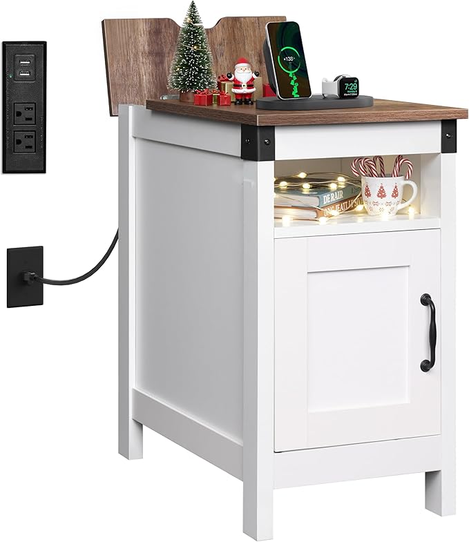 WLIVE End Table with Charging Station, Narrow Side Table for Living Room, Farmhouse Night Stand with Storage, Small Wooden Cabinet with USB Ports and Outlets for Living Room and Bedroom, White