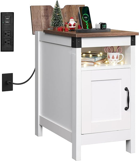 WLIVE End Table with Charging Station, Narrow Side Table for Living Room, Farmhouse Night Stand with Storage, Small Wooden Cabinet with USB Ports and Outlets for Living Room and Bedroom, White