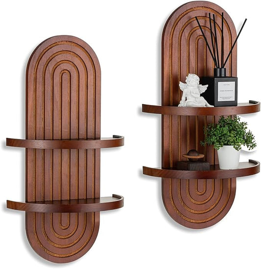 Mid Century Wall Shelves: Large 2-Tier Walnut Boho Floating Shelves Arched Modern Wall Decor for Bathroom Bedroom Living Room Entryway
