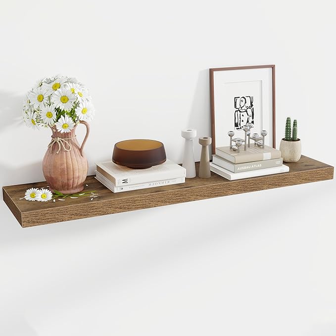 48 Inch Floating Shelves, 12 Inch Deep Floating Shelves for Wall, Floating Shelf with Invisible Brackets, Deep Wall Shelves for Bathroom, Bedroom, Living Room, 1 Pack, Brown