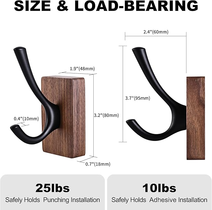 4 Pack Walnut Wood Wall Coat Hooks for Hanging, Adhesive Mounted & Wall Mount Heavy Duty Decorative Wooden Double Hook hanger for Towel Backpack Hat Jacket Clothes Blanket Purse Closet Robe Key