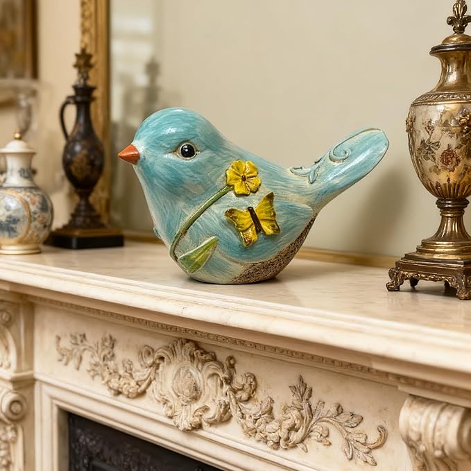 Blue Resin Bird Sculpture Home Decor, 4.3 Inch Cute Statues Decorative Objects for Room, Bedroom, Living Room,Office Desk, Book Shelf,Coffee Table,Entryway, Gifts for Bird Lovers