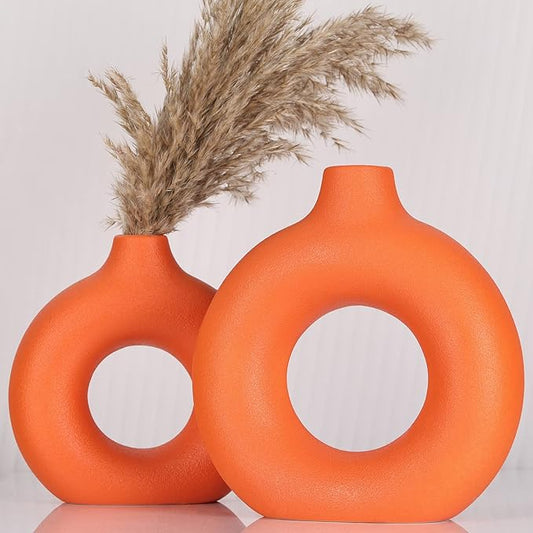 Orange Decor Donut Vase Set of 2 - Circle Hollow Vase, Modern Matte Ceramic for Entryway, Living Room, Bedroom, Dining Table Centerpiece, Office Home Decor