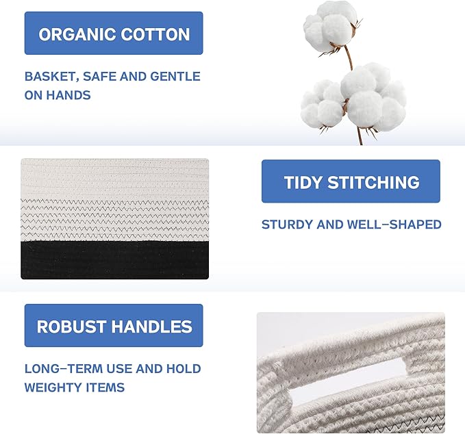 4 Pack Woven Storage Baskets for Organizing - Cotton Rope Baskets for Closet, Toys, Books, Towels, Durable Storage Bins for Shelves, Living Room, Bedroom, 12.7''Lx9''Wx7.8''H (Black, 12.7")
