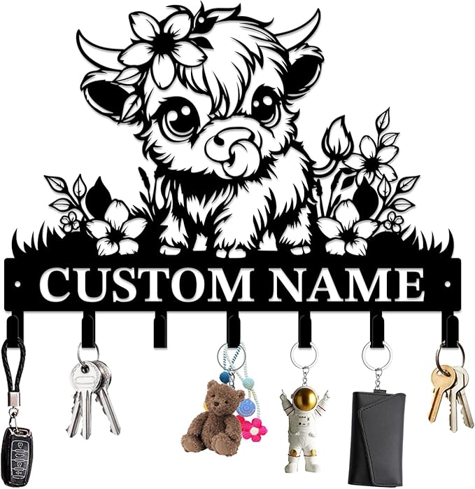 magilab Personalized Custom Highland Cow Wall Hooks,Metal Highland Cow Art Clothes Hooks,Metal Highland Cow Wall Home Storage Decorative,for Front Door, Hallway, Kitchen, Bedroom,Keys,Hats (Style E)