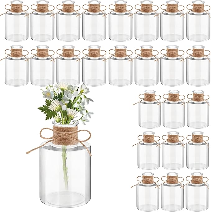 4.7 inch Small Plastic Vases Base para Blores Baturales Transparent Short Cylinder Flower Bud vases Bulk centerpieces for Tables for Parties, Weddings & Home (24pcs)