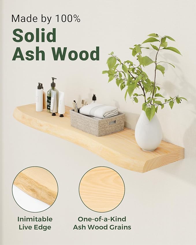 Axeman 55" Solid Wood Floating Shelves for Wall Decor, USA-Sourced Rustic Ash Wood Live Edge Shelf with Upgraded Heavy Invisible Bracket, Wall Mounted Shelf for Kitchen Bathroom Living Room, Natural