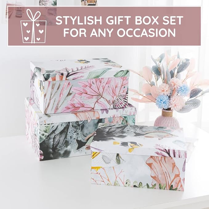 Soul & Lane Ocean Treasures Modern Home Décor Keepsake Boxes - Set of 3: Beach-Themed Photo Storage with Lids, Decorative Cardboard Nesting Gift Containers, Paper Mache Rectangle Boxes