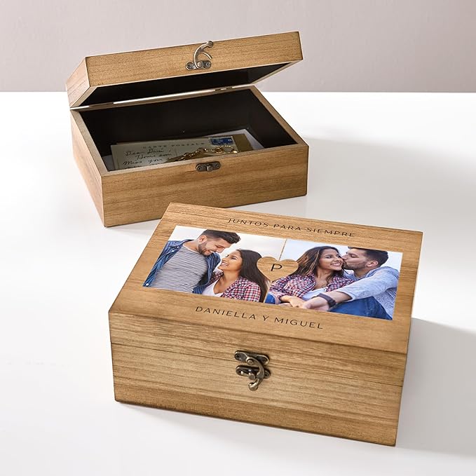 Let's Make Memories Personalized Wooden Keepsake Box With Hinged Lid - Wood Memento Box - Decorative Storage - Home Decor - For Couples, Wedding, Newlyweds - Upload Your Photo - Our Love Story